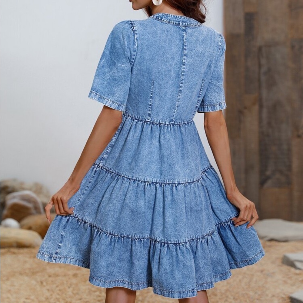 Chambray Denim Button Up Ruffle Puff Sleeve Dress Blue - Picture 7 of 7